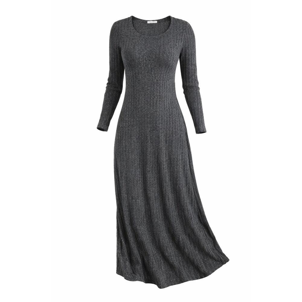 Womens Ribbed Knit Maxi Dress Gray Long Sleeve Stretch Casual Size L